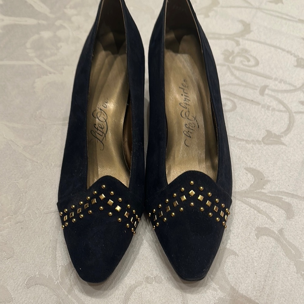 Vintage Life Stride Dark Blue Suede Heels with Gold Studs.
